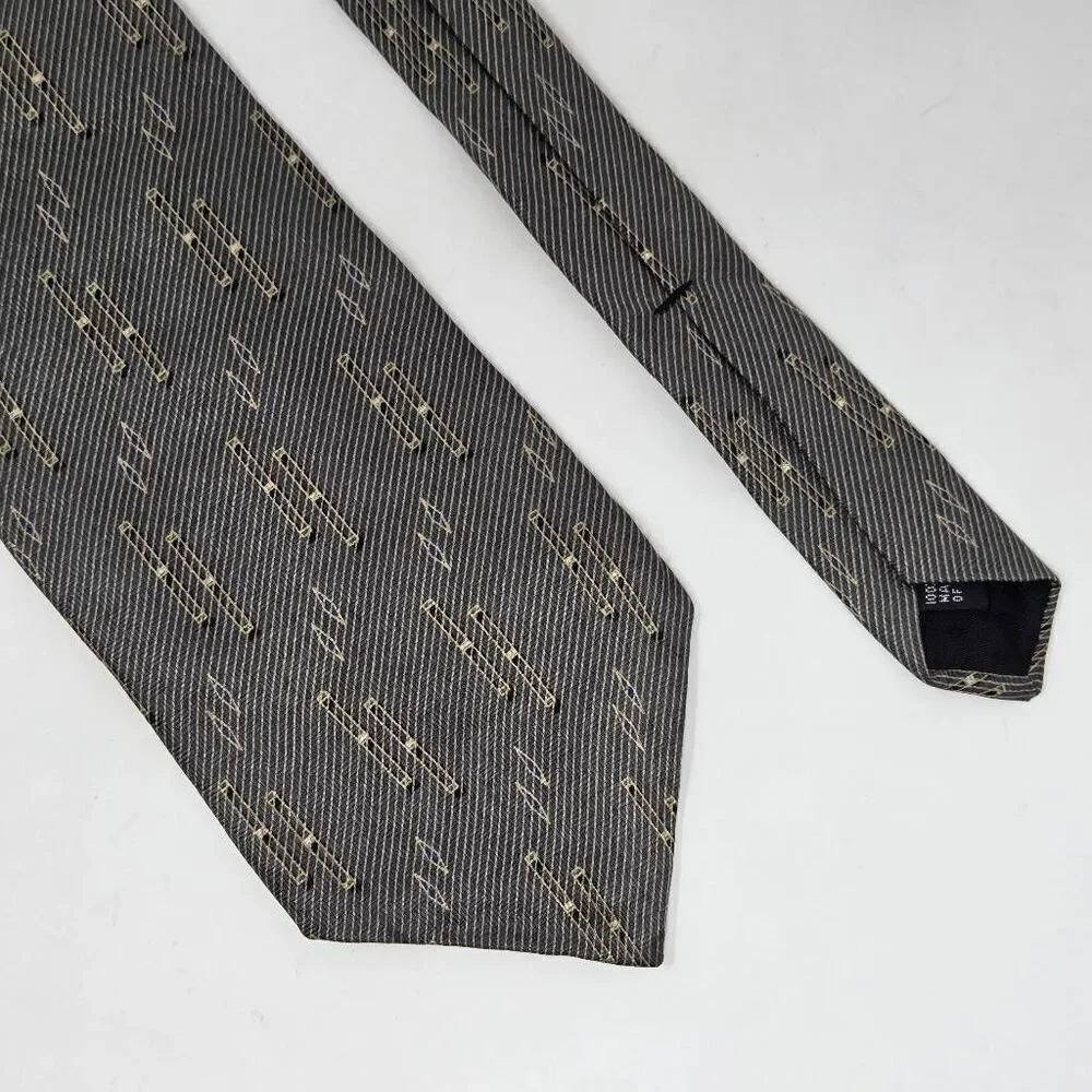 GRAHAM & LOCKWOOD LONDON ENGLAND SILK TIE TAN BLACK GEOMETRIC SATIN 4